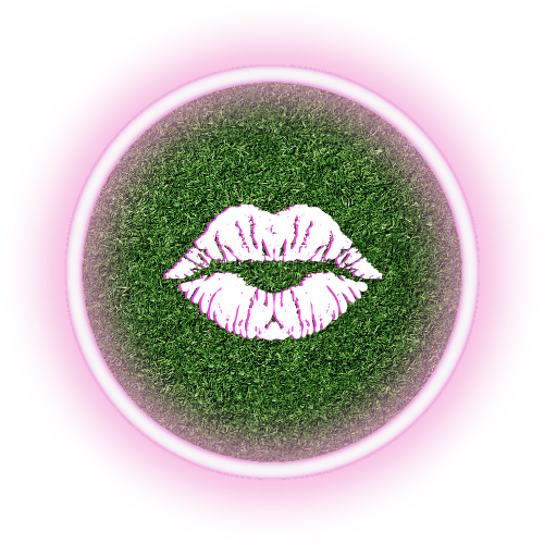 A pink and green circle with a kiss on it.