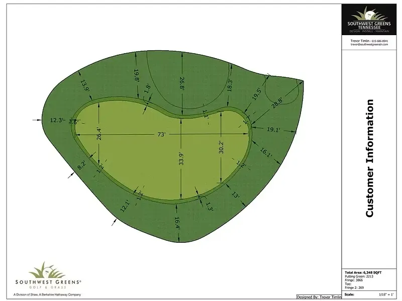 Diagram of a landscaping plan with green grass, measurements, and a customer information section.