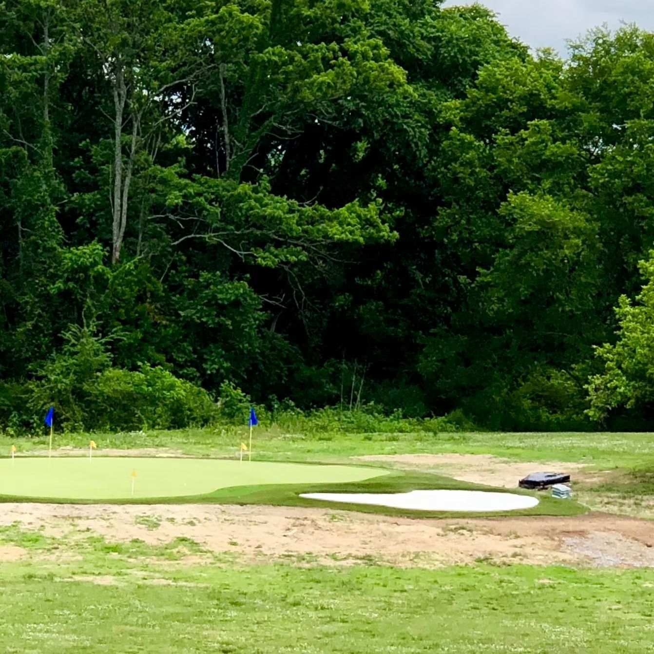 Golf green with two flags, sand trap, and trees in background.