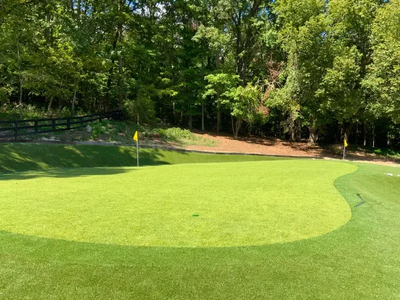 A putting green with a yellow flag, set against a backdrop of trees and a fence.