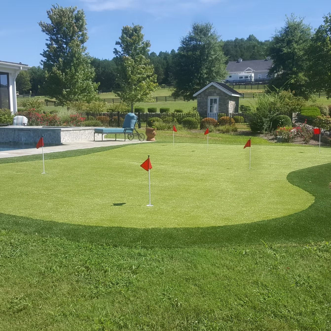 A backyard putting green with red flags, sunny day, surrounded by grass and trees.
