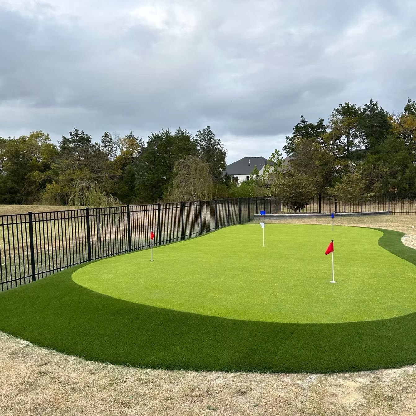 Backyard putting green with two red flags, white golf balls, and black fence against cloudy sky.