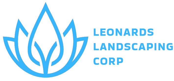 The logo for leonards landscaping corp shows a blue flower with leaves.