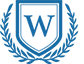 A blue shield with the letter w on it and a laurel wreath around it.