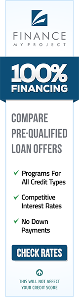Advertisement for financing, blue and white, text says 