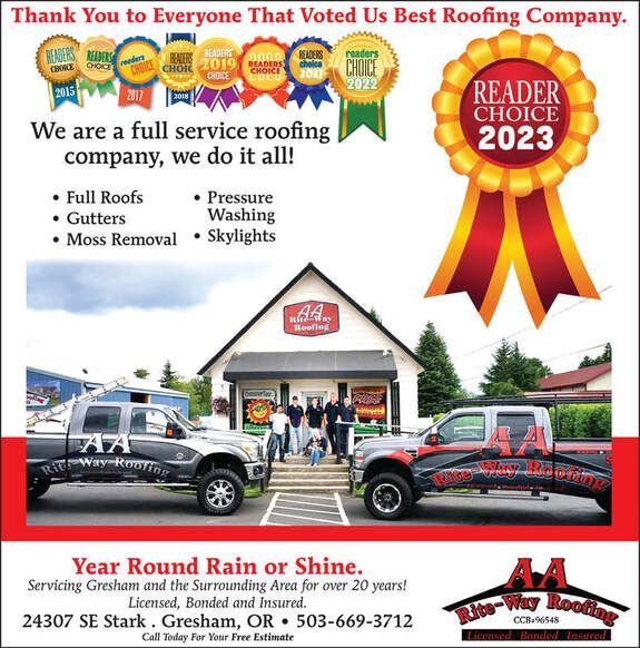 Advertisement for AA Roofing, showing trucks, building, and staff with awards. 