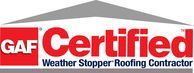 GAF Certified Weather Stopper Roofing Contractor logo with a red and white color scheme.