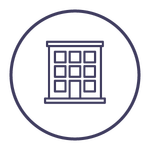 Office building icon in a purple circle.