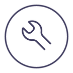 Wrench icon within a purple-lined white circle.