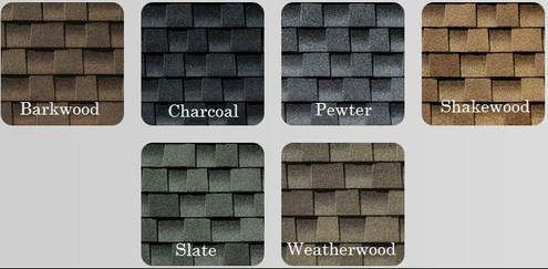 Samples of roof shingle colors: Barkwood, Charcoal, Pewter, Shakewood, Slate, and Weatherwood.