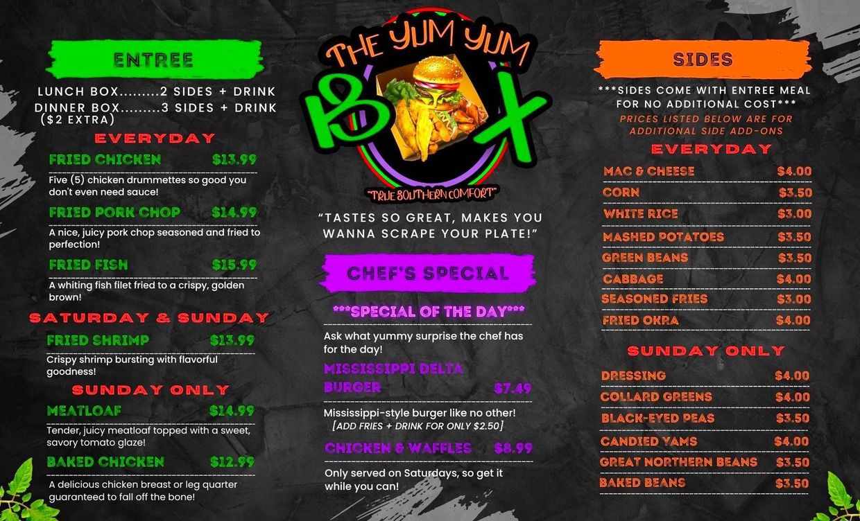 A menu for a restaurant called the jim yum box
