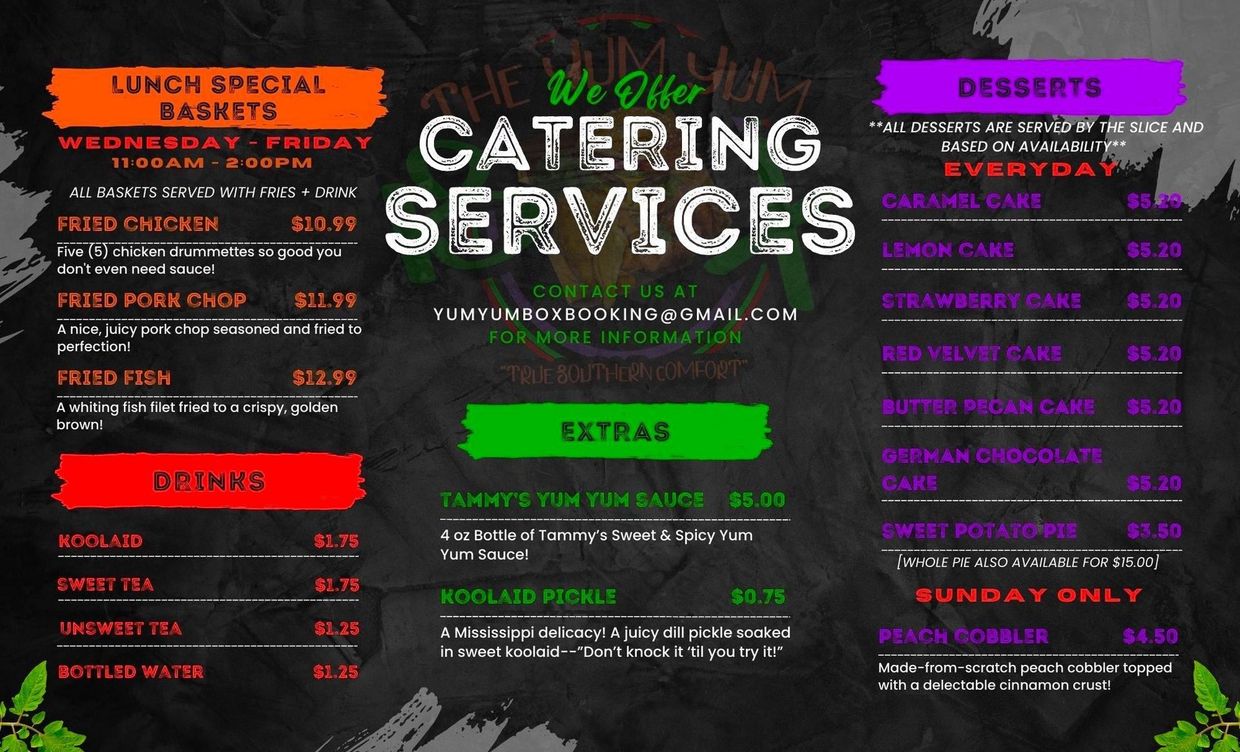 A menu for a restaurant offering catering services