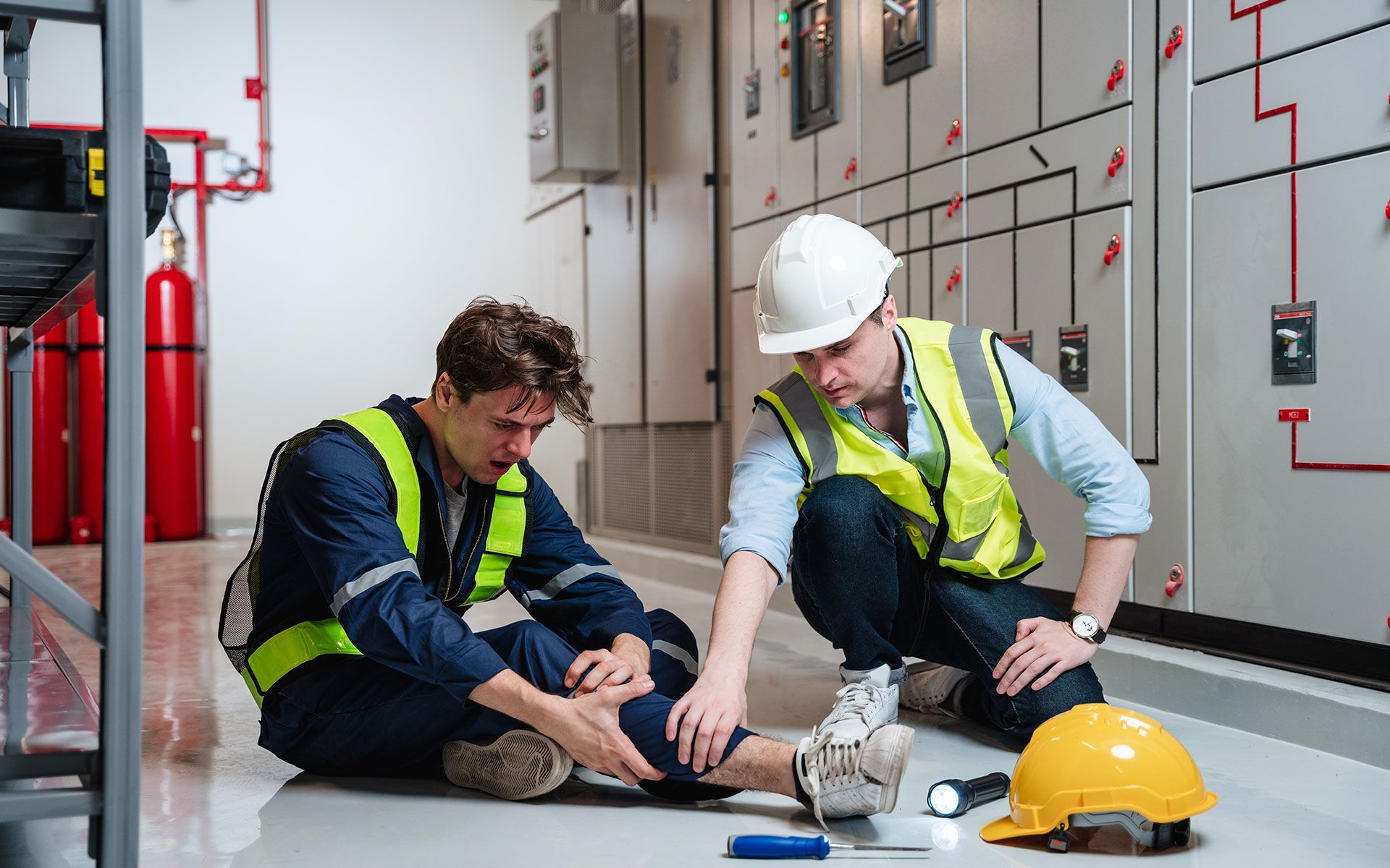 Man injured, sitting, holding leg; coworker kneels beside him in electrical room.