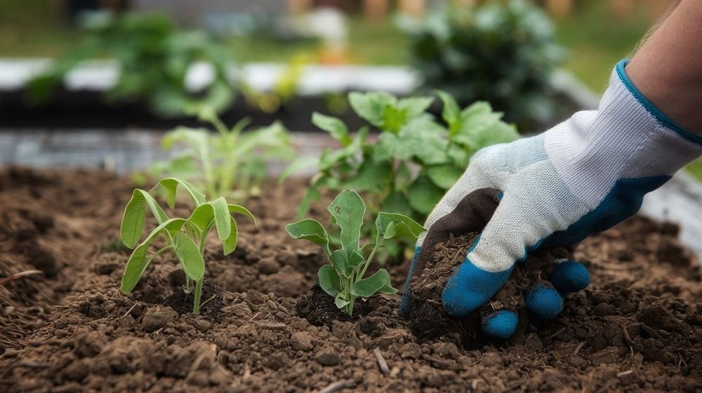 Una persona che indossa i guanti sta piantando una pianta nel terreno.