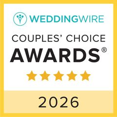 WeddingWire Couples' Choice Awards badge, with 5 stars and 2026 date, yellow background.