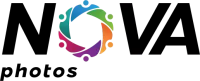 Nova photos logo with a colorful circle design in the middle, and the word 