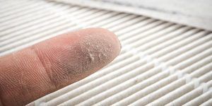 A close up of a person 's finger on a dirty air filter.