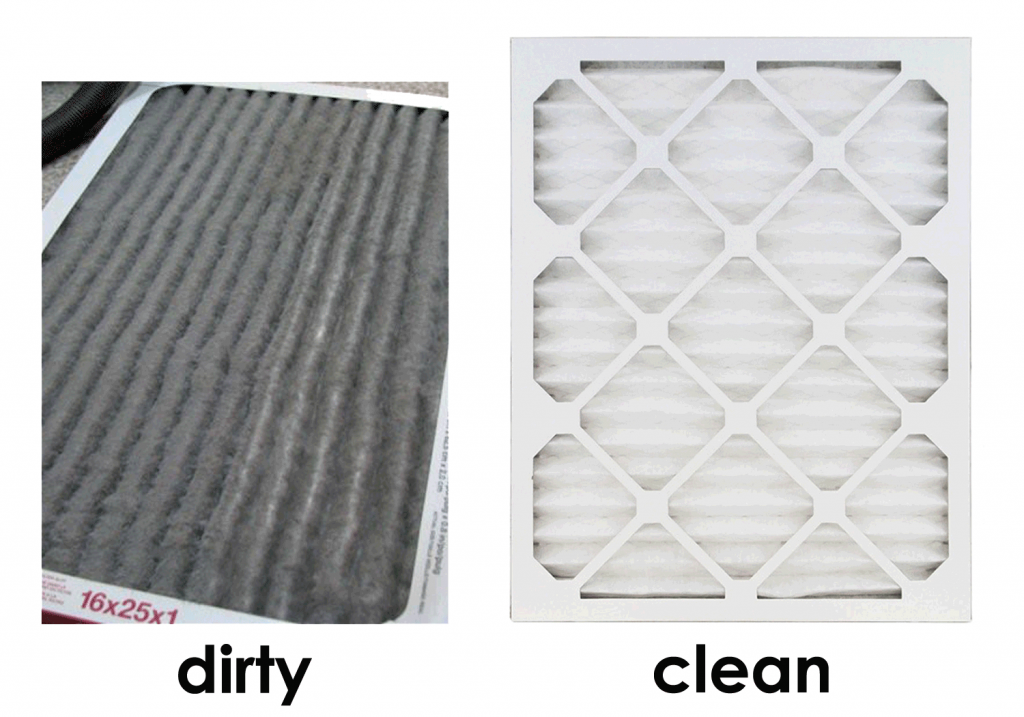 A picture of a dirty filter and a picture of a clean filter