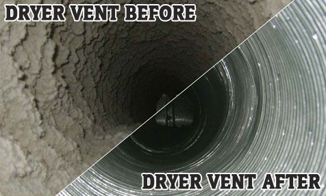A vacuum cleaner is being used to clean a dryer vent.