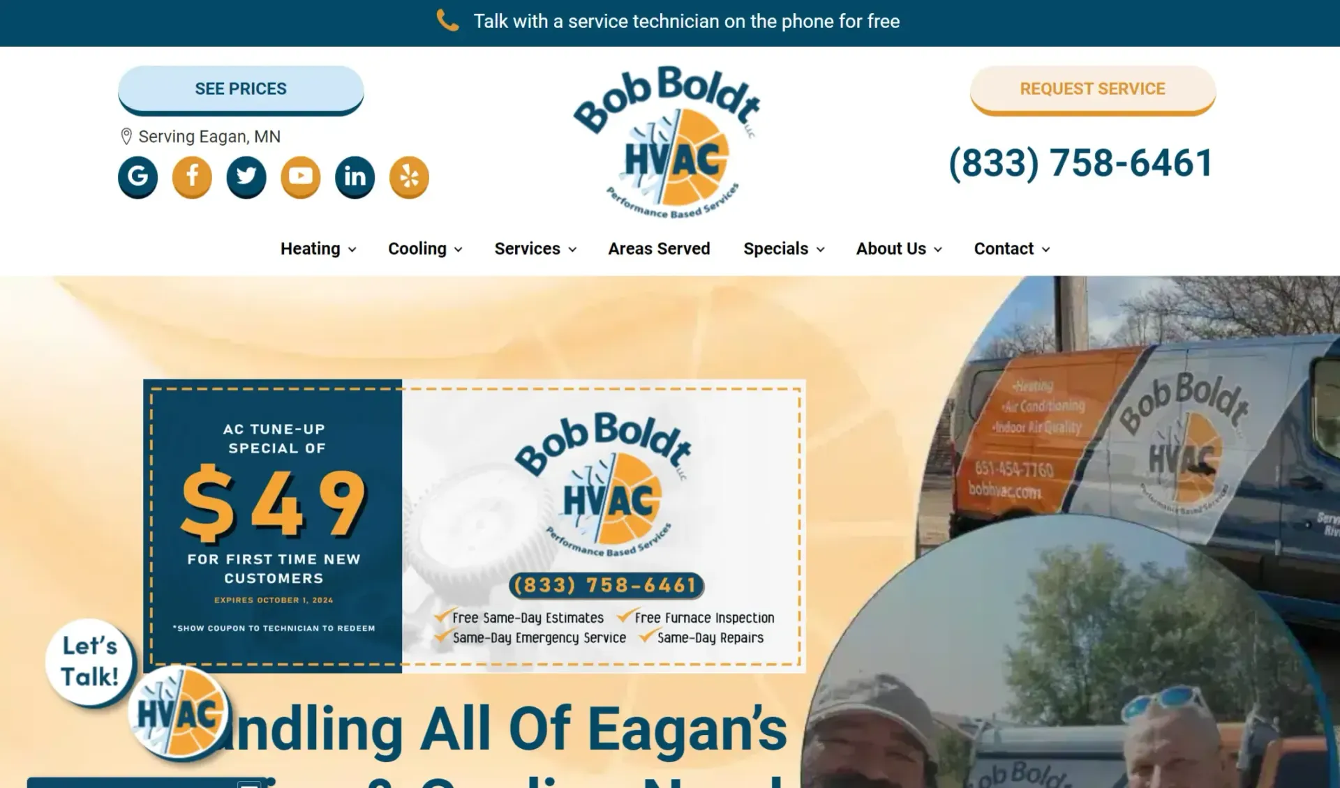 A website for bob bolde hvac includes a coupon for $ 49