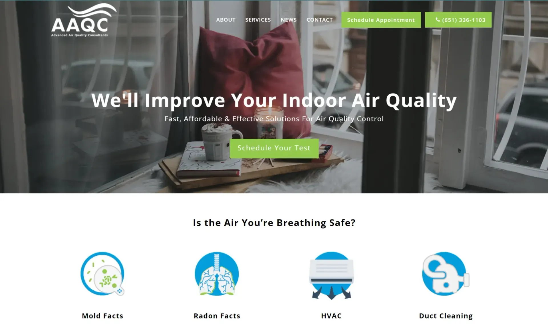 A screenshot of a website that says we 'll improve your indoor air quality.