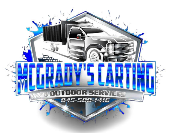 Logo for "McGrady's Carting and Outdoor Services" featuring a black dump truck in a blue hexagonal frame with phone number.