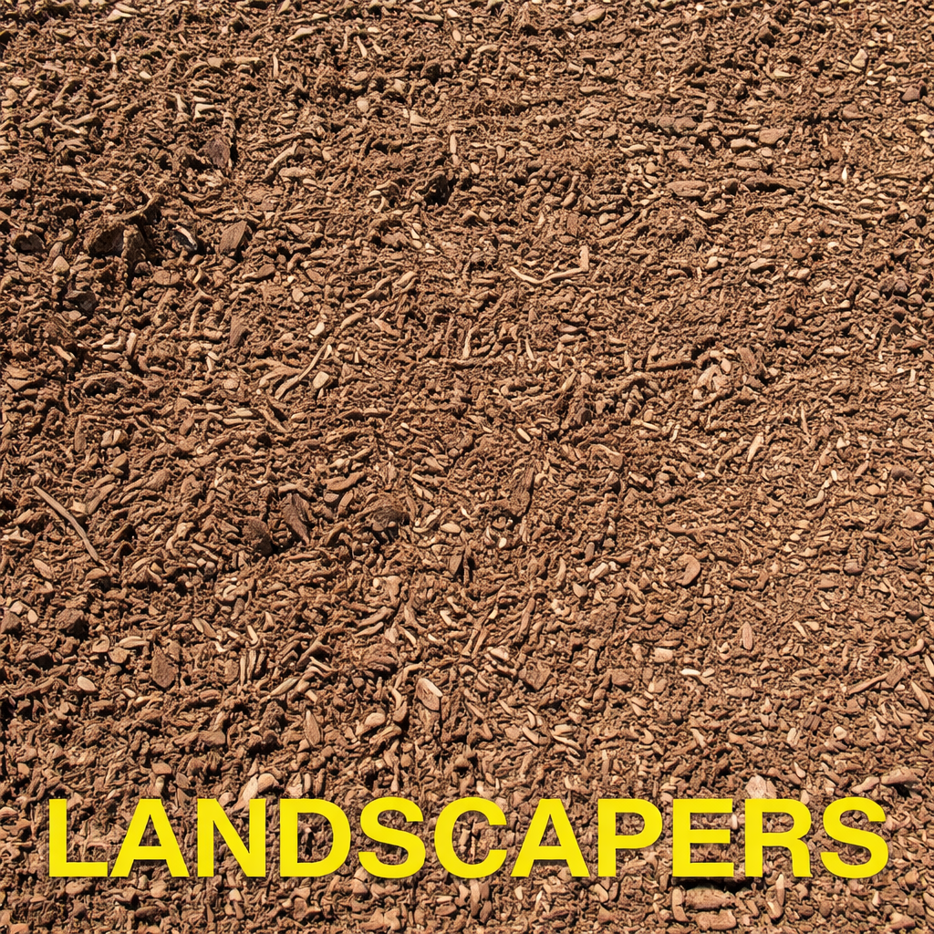 A close-up view of brown wood mulch with the word 