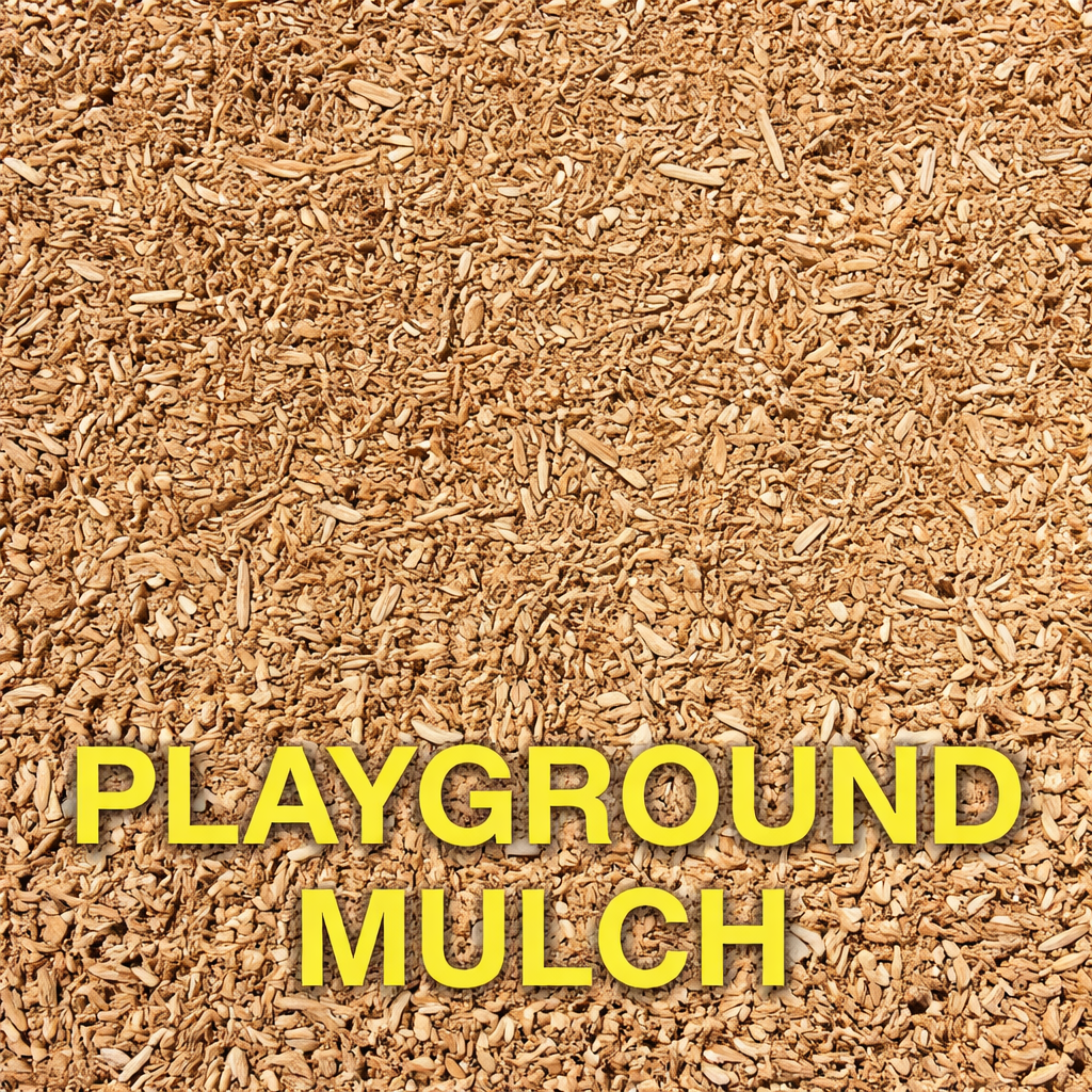 A light brown, textured surface of wood chips labeled 