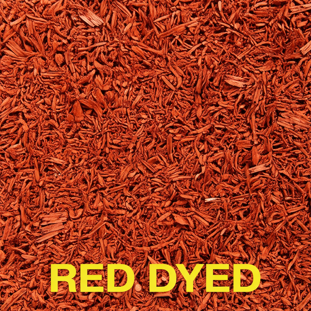 A close-up view of red-dyed wood mulch with the text 