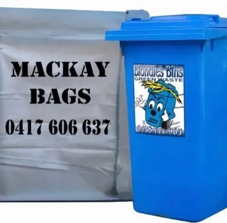 Blue Trash Bin With a Label — Blondies Bins in Cannonvale, QLD