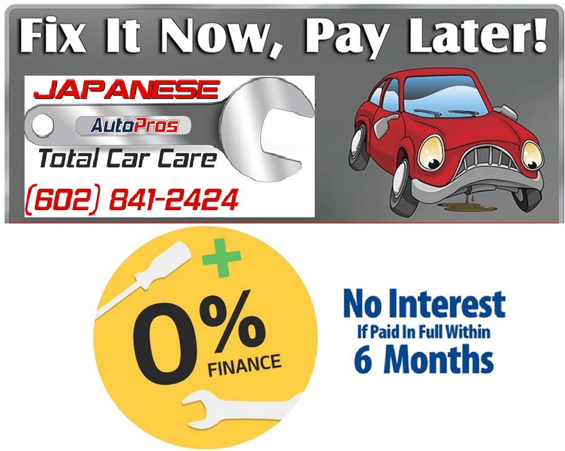 Advertisement for Japanese Auto Pros: Fix car now, pay later. 0% finance if paid in 6 months. Includes phone number and a red car graphic.