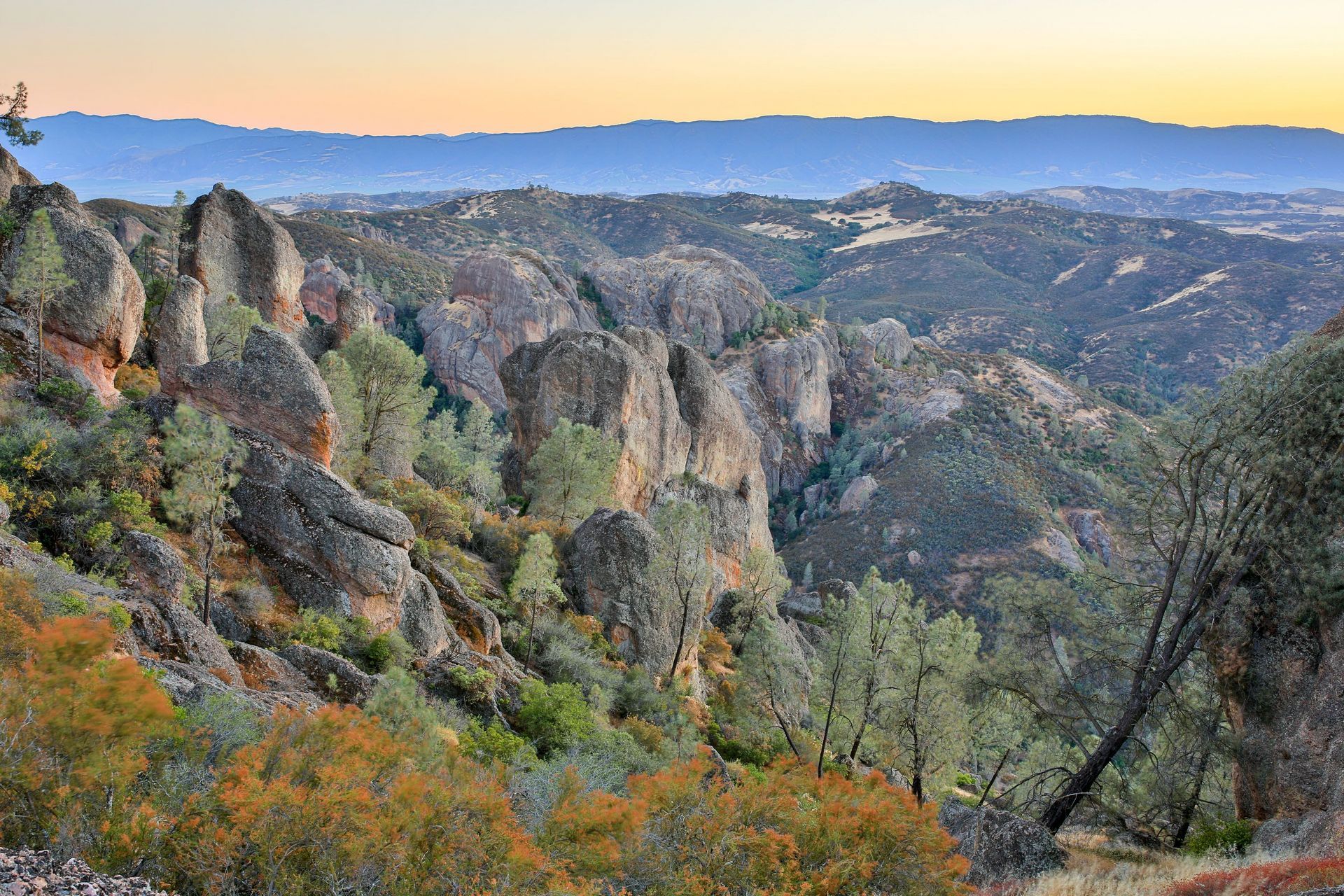 A view of a valley surrounded by rocks and trees at sunset.
