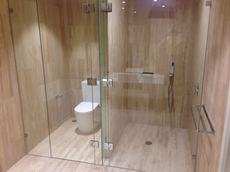 View of frameless shower glass door