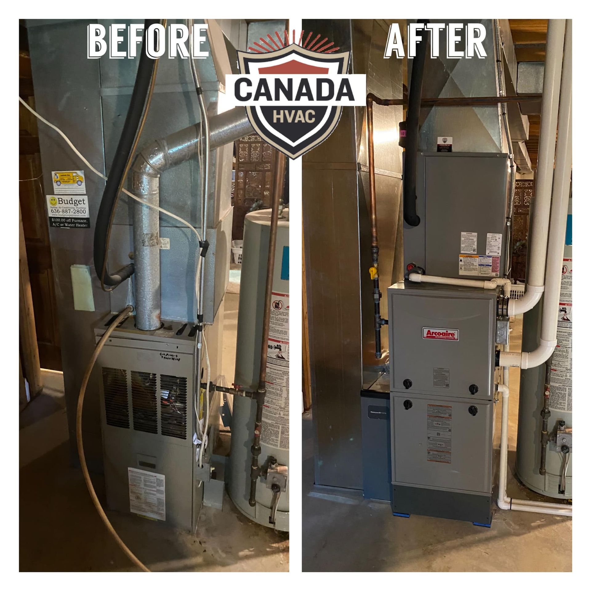 A before and after picture of a heating system in a house.