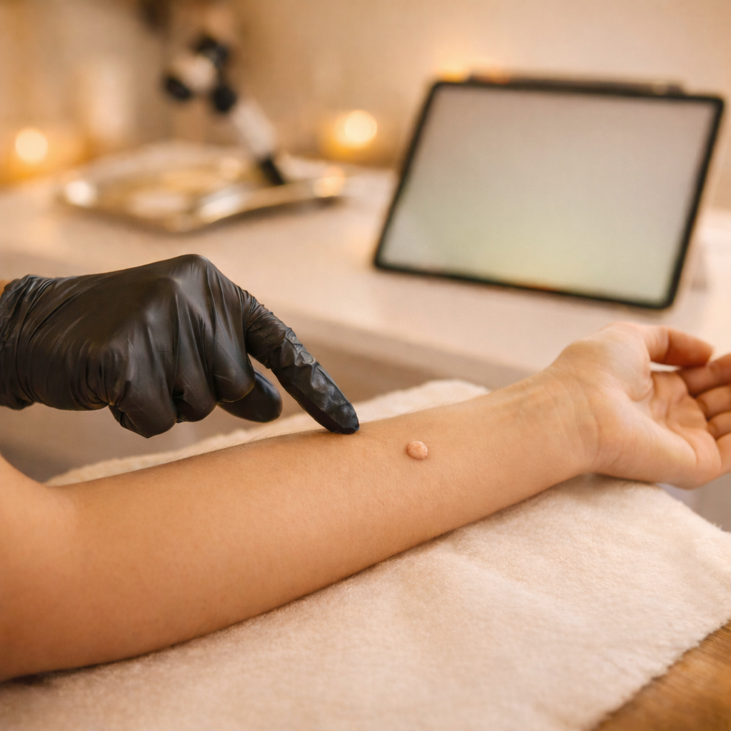examining a mole in a clinic setting