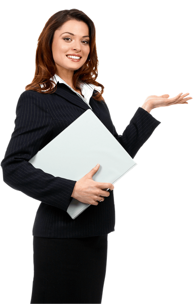 A woman in a suit is holding a laptop and smiling.