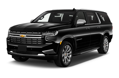 A black chevrolet suburban suv is shown on a white background.