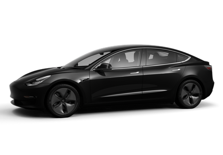 A black tesla model 3 is shown on a white background.