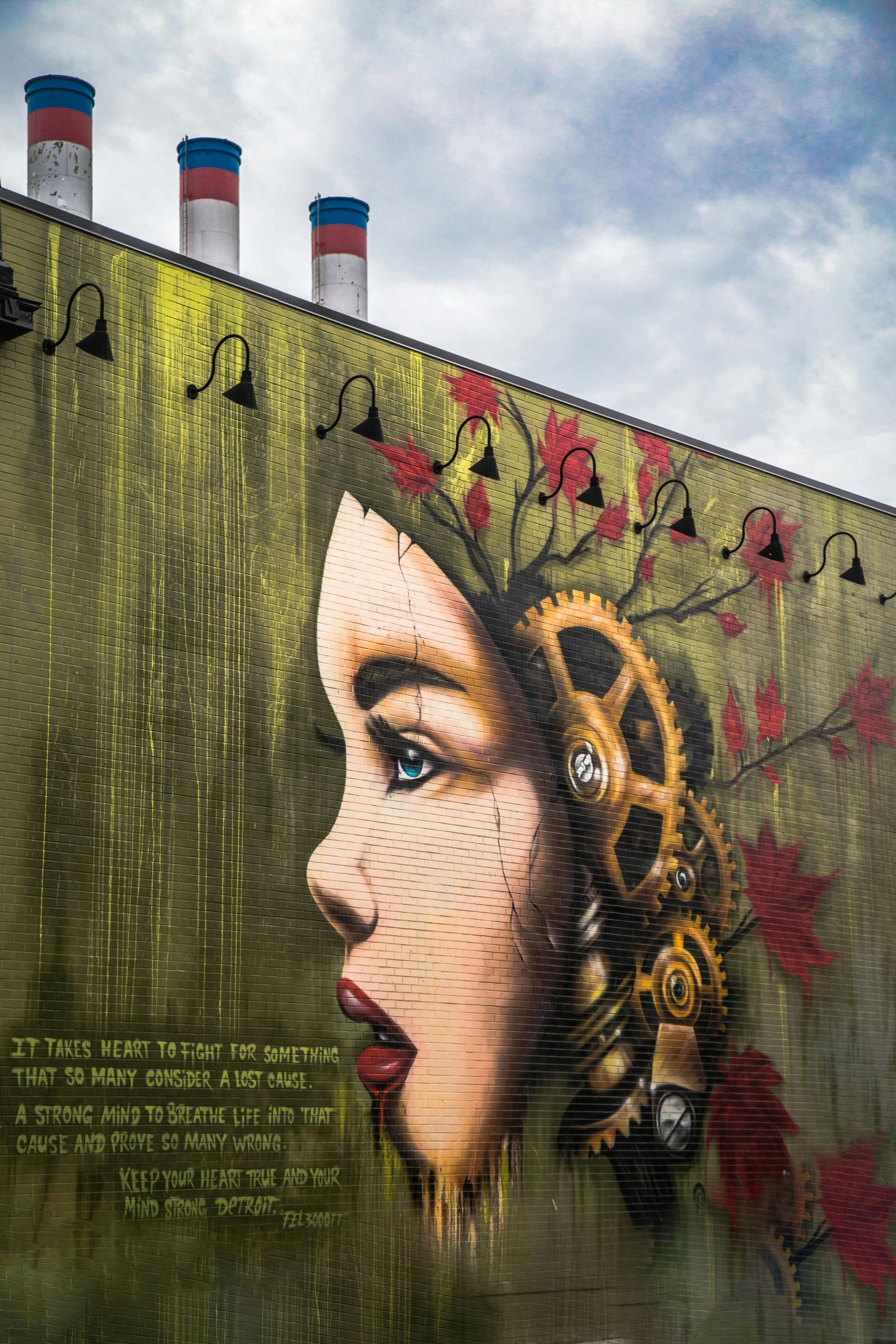 A mural of a woman 's face on the side of a building.