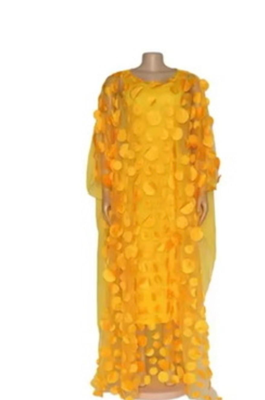 3D Floral Embroidery Lace Mustard Yellow Dress