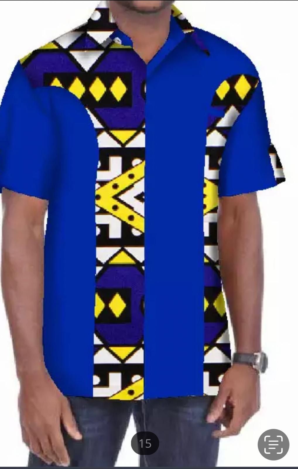 Men African Short Sleeve Shirt Blue White & Yellow