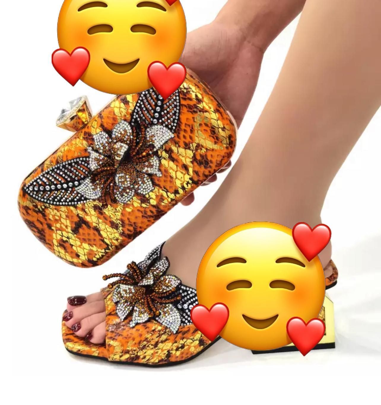 Women Gold Orange Handbag & Shoes