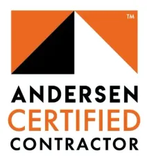 An orange and black logo for andersen certified contractor
