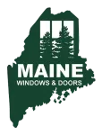 The maine windows and doors logo is a map of maine with trees in the background.