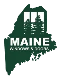 The maine windows and doors logo is a map of maine with trees in the background.