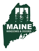 Maine windows and doors logo with a map of maine