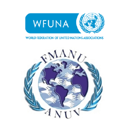 Logotipos de WFUNA y FMANU-ANUV. ​​WFUNA: rectángulo azul con texto blanco y el logotipo de la ONU. FMANU-ANUV: globo terráqueo con manos y corona de laurel.
