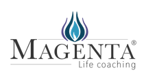 un logotipo de magenta lite coaching con una llama azul y morada .