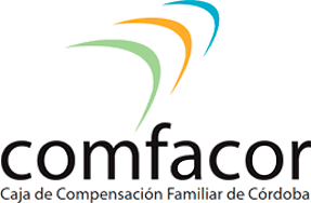 Logotipo de Comfacor: líneas curvas en verde, naranja y azul sobre el texto