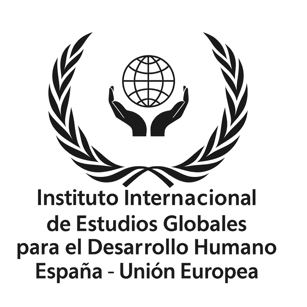 Logo: Globe held by hands, framed by laurel branches; text 